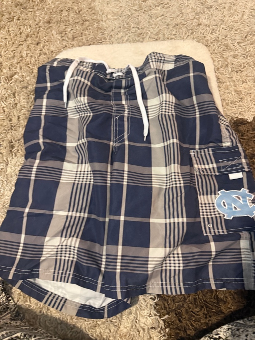 Navy & Cream Plaid Swim Trunks with Drawstring